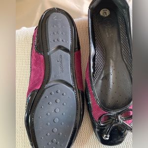 Burgundy and black patent leather casual flats, size 8